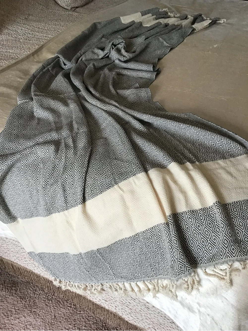 Cream and Black Geometric Fringe Towel